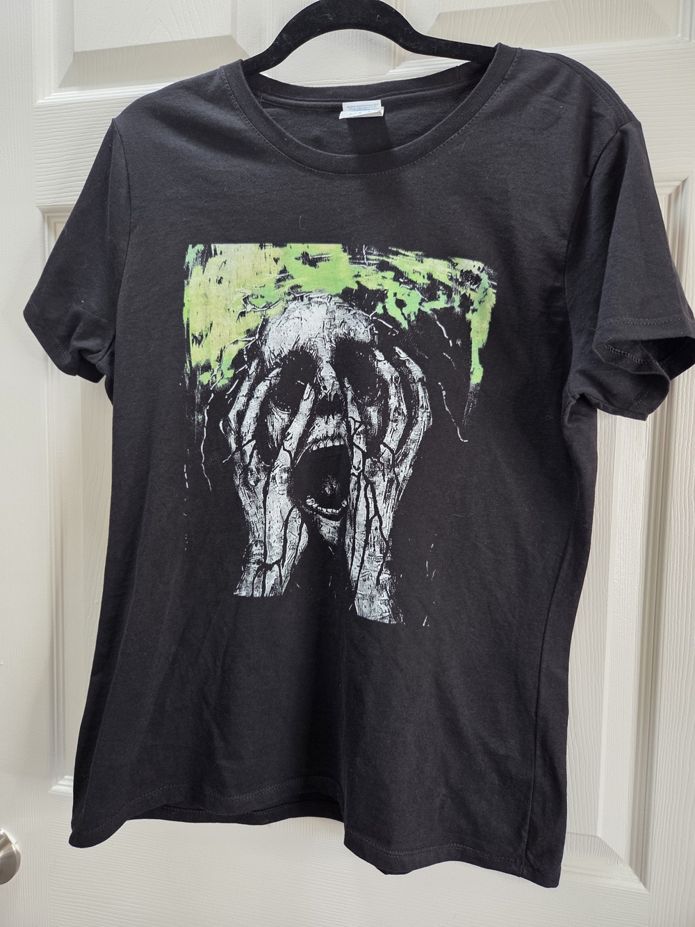 Black Graphic Horror Print Tee with Neon Green Accent